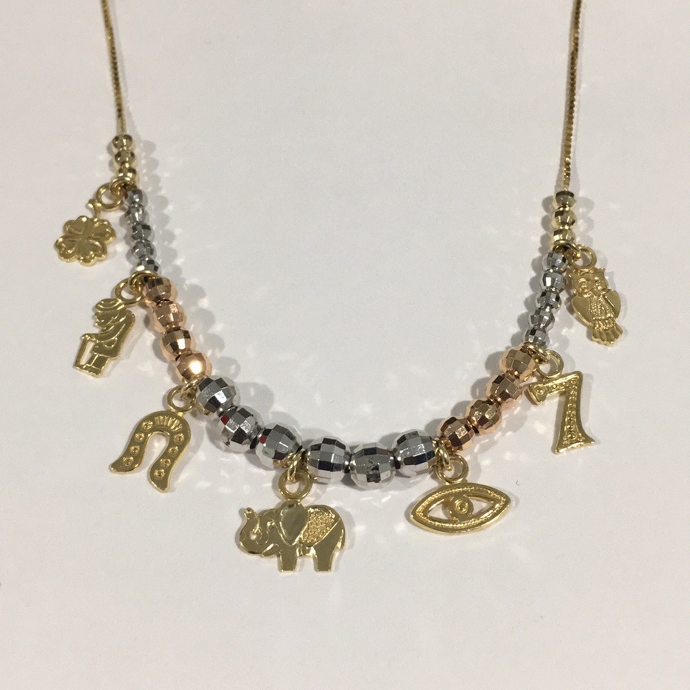 14k Tri Color Gold Beads Necklace W/Charms Chain
